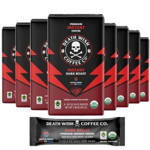 Death Wish Coffee Instant Dark Roast Coffee Packets, Bold & Intense Blend of Arabica & Robusta Beans, USDA Organic, 8 Count(64 Count (8 per Pack))