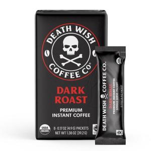 Death Wish Coffee Instant Dark Roast Coffee Packets, Bold & Intense Blend of Arabica & Robusta Beans, USDA Organic, 8 Count(8 Count (Single Pack))