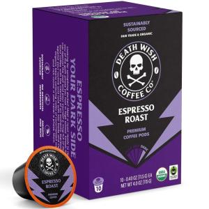 Death Wish Coffee, Organic and Fair Trade, Light Roast Coffee Pods (50 Count)(Espresso Roast)