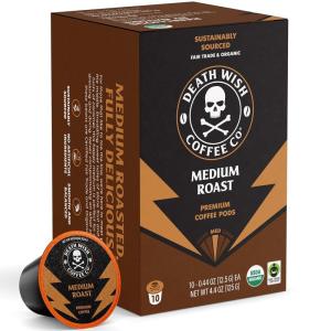 Death Wish Coffee, Organic and Fair Trade, Light Roast Coffee Pods (50 Count)(Medium Roast)