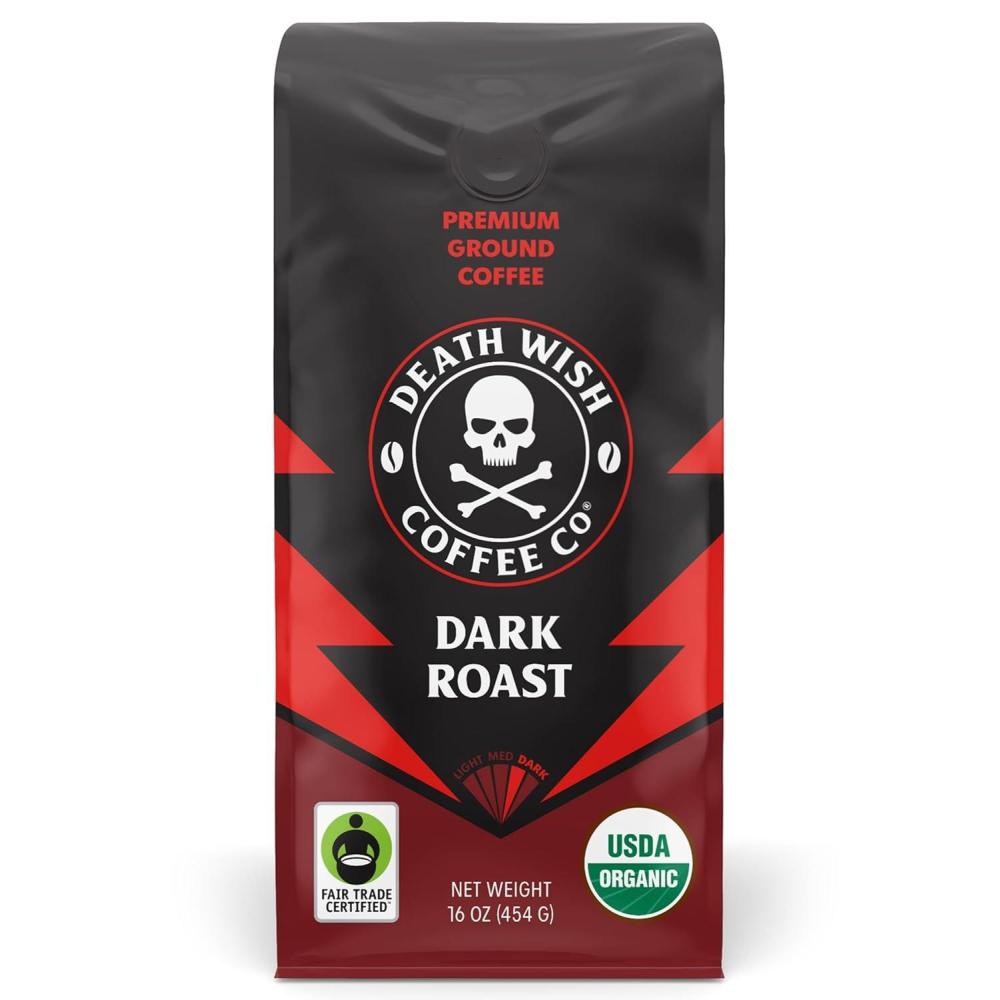 image:imageDeath Wish Coffee Power Surge Ground Coffee Naturally Higher Caffeinated Coffee Certified Fair Trade and Organic 16 ozDark Roast