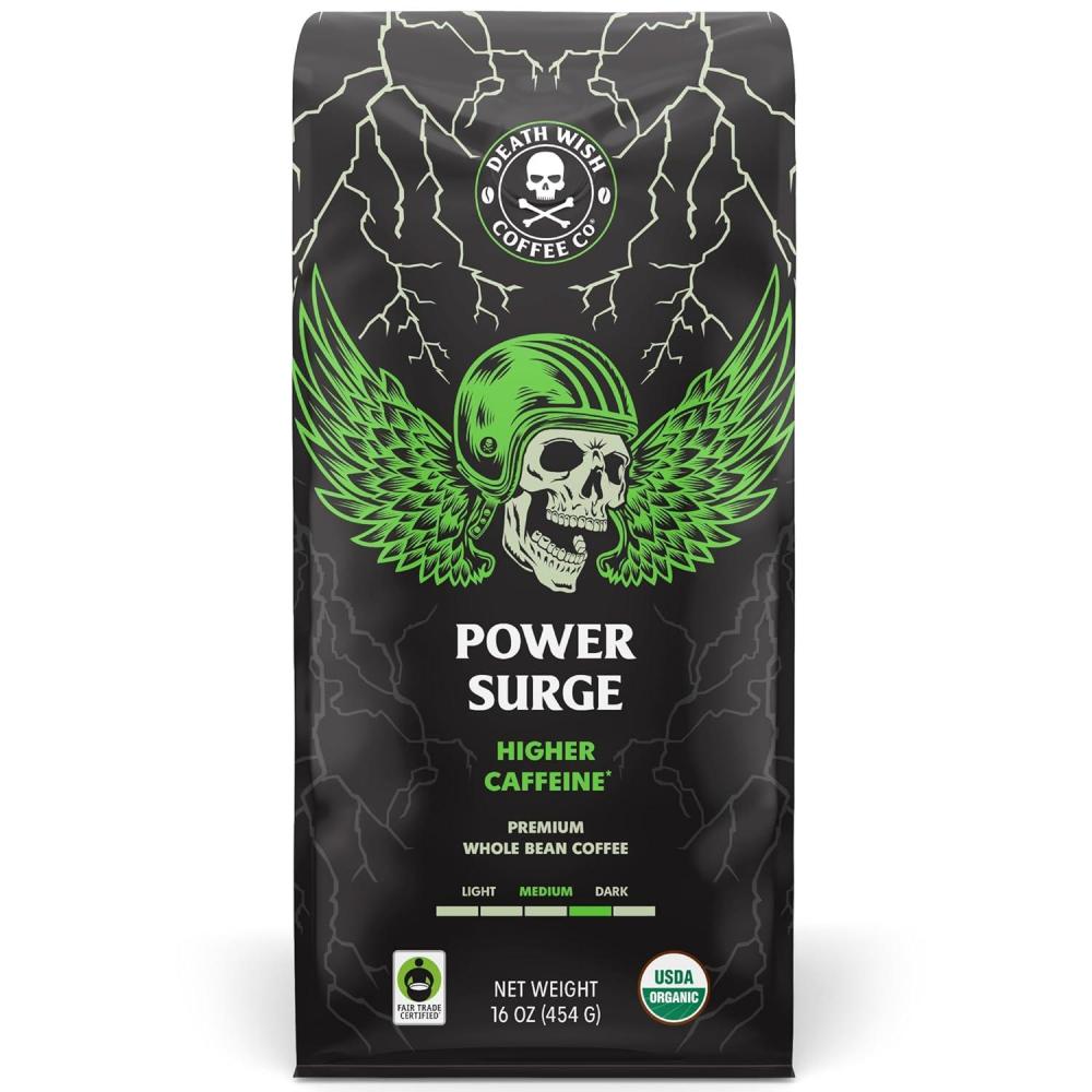 image:imageDeath Wish Coffee Power Surge Whole Bean Coffee Naturally Higher Caffeinated Coffee Certified Fair Trade and Organic 16 ozPower Surge
